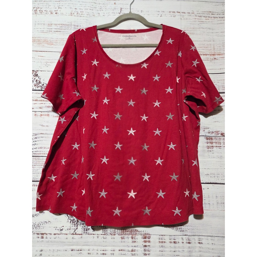 Croft & Barrow Womens 2X Red Silver Glitter Star Short Sleeve Cotton Tee Shirt